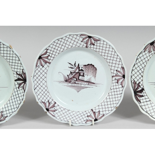 1152 - A SET OF FOUR 19TH CENTURY SEPIA DESIGN PLATES with Fence pattern and buildings. 8ins diameter.