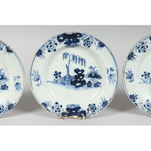 1156 - THREE 19TH CENTURY TIN GLAZE PLATES with Chinese design. 8.5ins diameter.