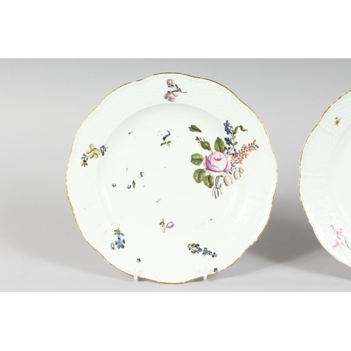 1161 - A GOOD PAIR OF MEISSEN CIRCULAR PLATES sprigged and painted with flowers. Cross swords mark in blue.... 