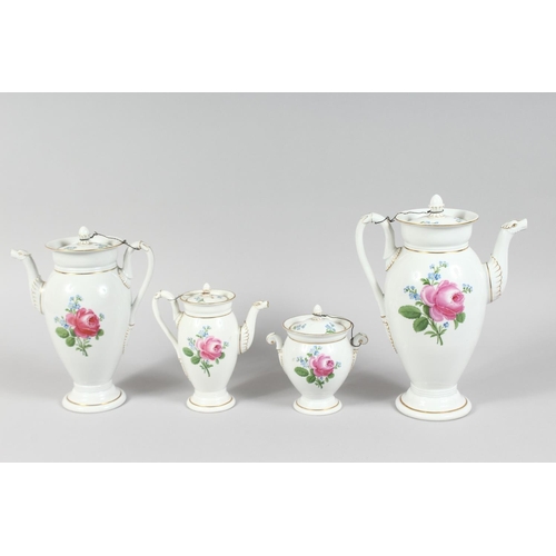 1168 - A FOUR PIECE MEISSEN PORCELAIN TEA SET, painted with roses. Cross swords mark in blue.