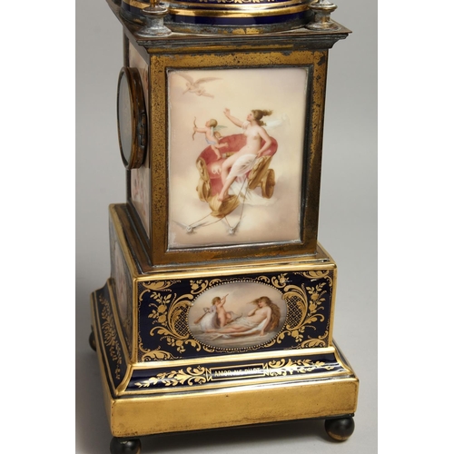 1169 - A VERY GOOD 19TH CENTURY VIENNA PORCELAIN CLOCK with metal supports and painted panels with cupids a... 