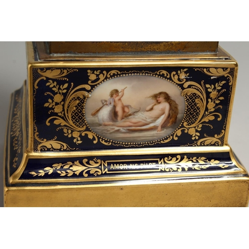 1169 - A VERY GOOD 19TH CENTURY VIENNA PORCELAIN CLOCK with metal supports and painted panels with cupids a... 