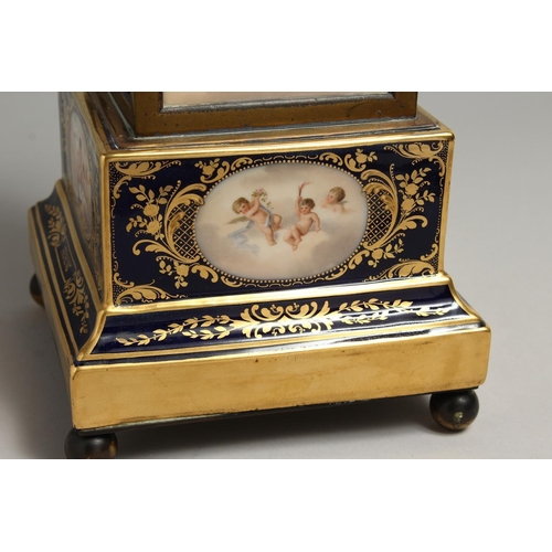 1169 - A VERY GOOD 19TH CENTURY VIENNA PORCELAIN CLOCK with metal supports and painted panels with cupids a... 