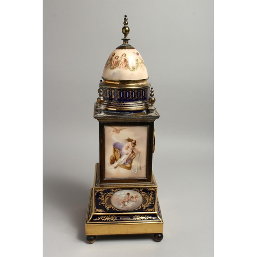 1169 - A VERY GOOD 19TH CENTURY VIENNA PORCELAIN CLOCK with metal supports and painted panels with cupids a... 