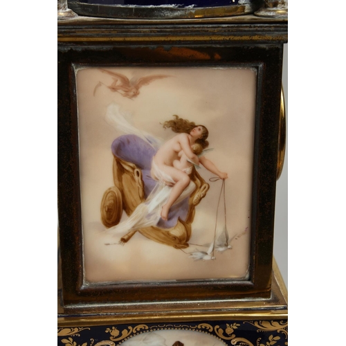 1169 - A VERY GOOD 19TH CENTURY VIENNA PORCELAIN CLOCK with metal supports and painted panels with cupids a... 