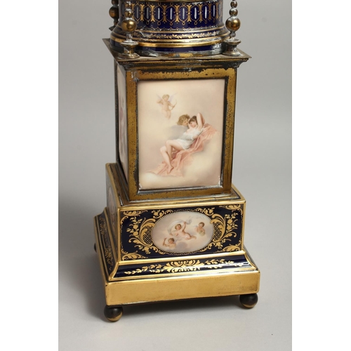 1169 - A VERY GOOD 19TH CENTURY VIENNA PORCELAIN CLOCK with metal supports and painted panels with cupids a... 