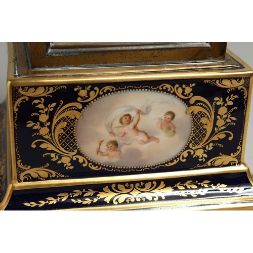 1169 - A VERY GOOD 19TH CENTURY VIENNA PORCELAIN CLOCK with metal supports and painted panels with cupids a... 