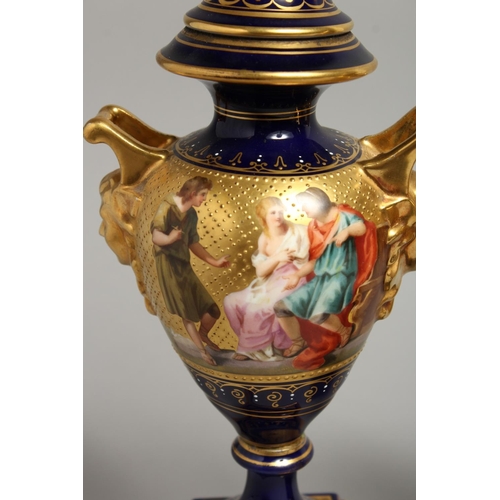 1170 - A SUPERB PAIR OF 19TH CENTURY VIENNA URNS VASES, COVERS AND STANDS, rich blue ground decorated in gi... 