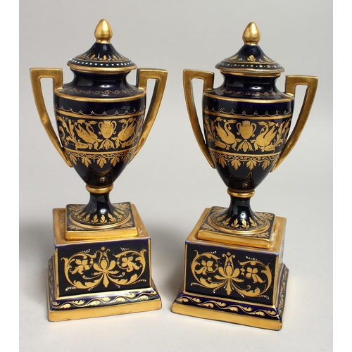 1171 - A SUPERB SMALL PAIR OF VIENNA URNS, COVERS AND STANDS rich gilt decoration and painted classical sce... 