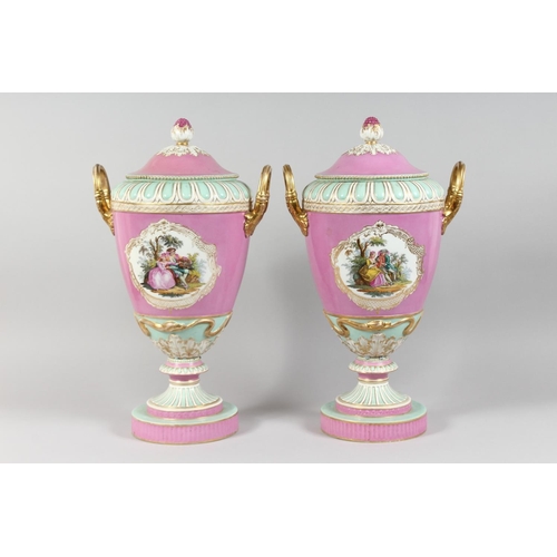 1187 - A SUPERB LARGE PAIR OF BERLIN TWO HANDLED URNS AND COVERS painted with reverse panels of figures, gi... 