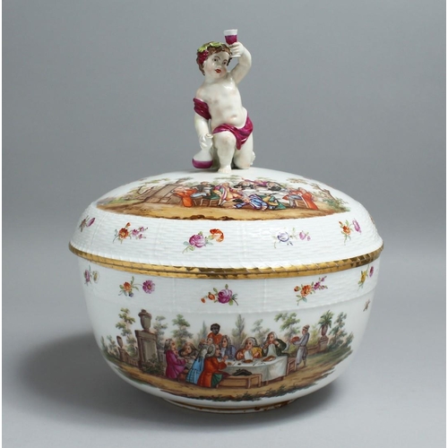 1188 - A GOOD LARGE 19TH CENTURY BERLIN PORCELAIN CIRCULAR BOWL AND COVER, the lid with a cherub, the back ... 