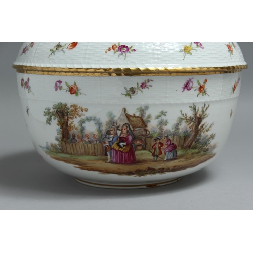 1188 - A GOOD LARGE 19TH CENTURY BERLIN PORCELAIN CIRCULAR BOWL AND COVER, the lid with a cherub, the back ... 