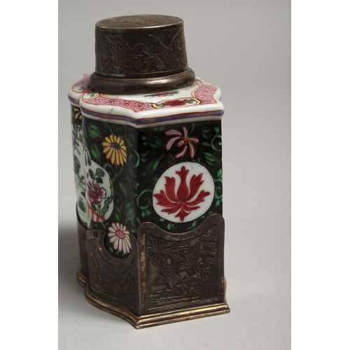 1193 - A 19TH CENTURY SAMSON OF PARIS TEA CANISTER with silver mount. 4.5ins high.