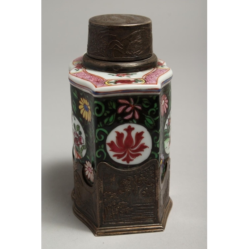 1193 - A 19TH CENTURY SAMSON OF PARIS TEA CANISTER with silver mount. 4.5ins high.