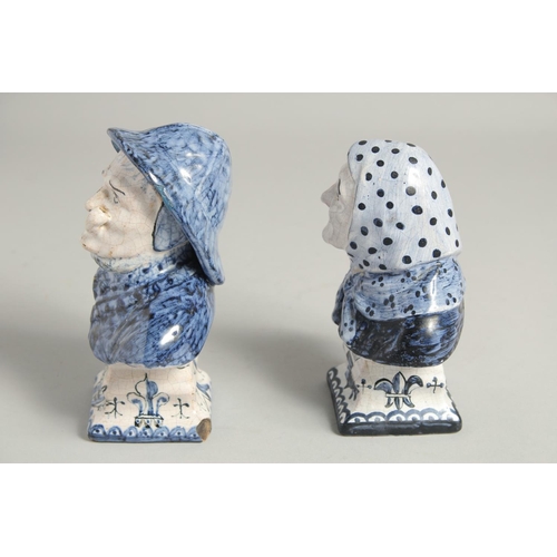 1198 - A SMALL PAIR OF DUTCH BLUE AND WHITE BUSTS OF A MAN AND WOMAN. 6ins high