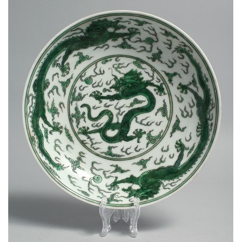 1263 - A CHINESE FAMILLE VERTE PORCELAIN DISH, decorated with dragons and the flaming pearl of wisdom among... 