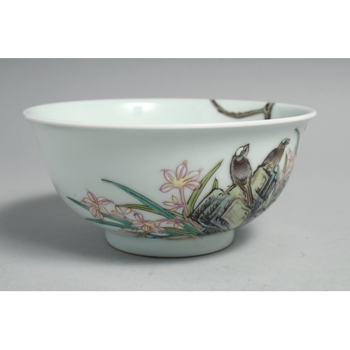 1265 - A CHINESE FAMILLE ROSE PORCELAIN BOWL, painted with pomegranate blossom and birds, the base with fou... 