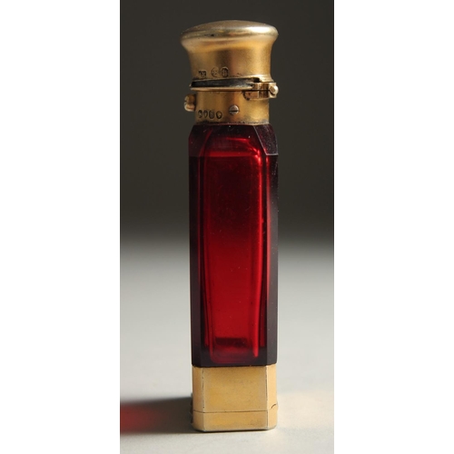 1913 - A VICTORIAN RUBY GLASS SILVER MOUNTED FLASK VINAIGRETTE. 3.5ins long. London 1863