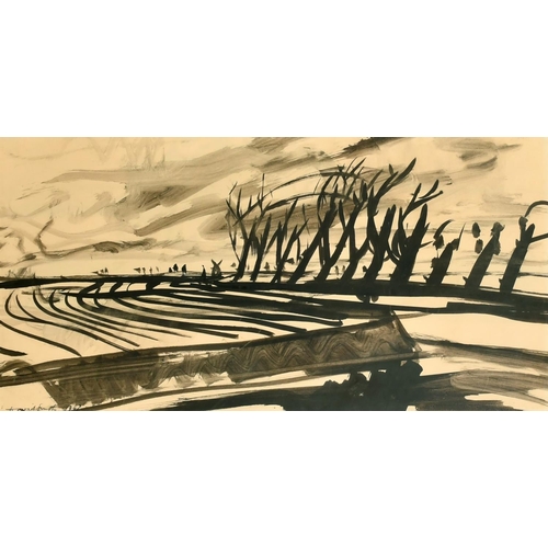 110 - David Smith, Circa 1947, an open landscape with fields, ink, signed and dated 1947, 9.75