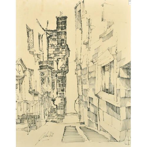 111 - John Uzzell Edwards (1934-2014) Welsh School, a narrow alleyway between buildings, ink, signed and d... 