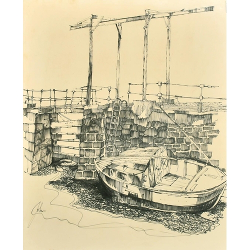 112 - John Uzzell Edwards (1934-2014) Welsh School, a boat moored by a quay, ink, signed, 25