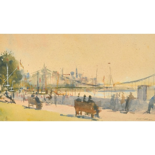 121 - Cosmo Clark (1897-1967) British, A view of a bridge with figures seated and standing, watercolour, s... 