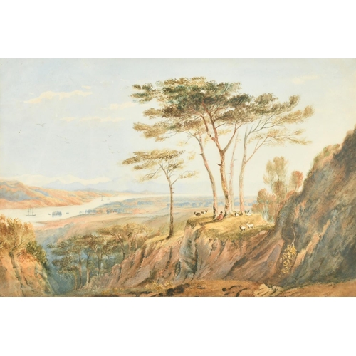 125 - A figure and goats resting under trees, with an extensive river landscape beyond, watercolour, 12.25... 