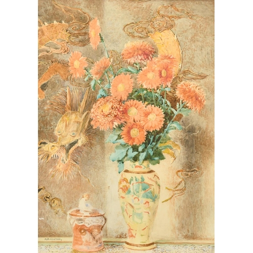 127 - J.D. Newham, A still life of orange daisies in a porcelain vase, watercolour, signed, 20.5