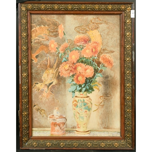 127 - J.D. Newham, A still life of orange daisies in a porcelain vase, watercolour, signed, 20.5