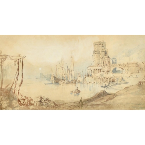 129 - William Clarkson Stanfield (1793-1867) British, A capriccio harbour view, watercolour, blue and brow... 