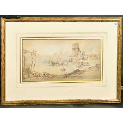 129 - William Clarkson Stanfield (1793-1867) British, A capriccio harbour view, watercolour, blue and brow... 