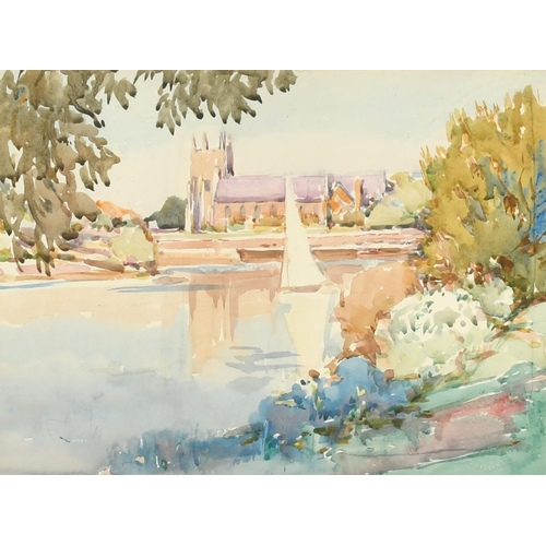 130 - Alfred John Billingshurst (1880-1963) 'Isleworth', a view of a church from the river, watercolour, s... 