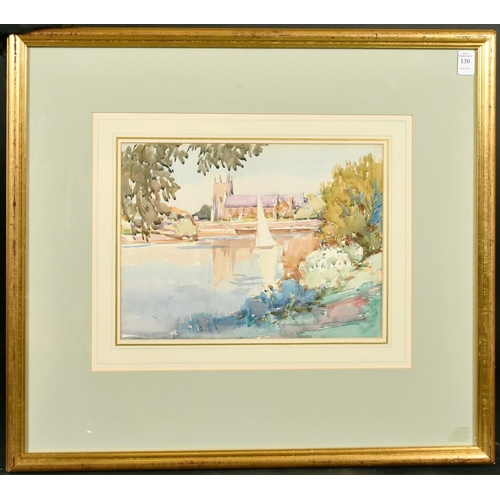 130 - Alfred John Billingshurst (1880-1963) 'Isleworth', a view of a church from the river, watercolour, s... 