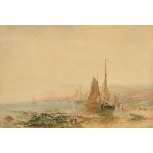 131 - Albert Pollitt (fl.1889-1920) A view of the Welsh coast with boats and figures on the shore, waterco... 