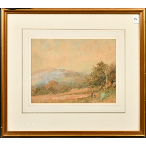 132 - Albert Pollitt (fl.1889-1920) A landscape with figures walking towards a dwelling, watercolour, sign... 