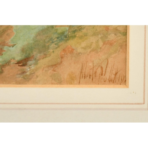 132 - Albert Pollitt (fl.1889-1920) A landscape with figures walking towards a dwelling, watercolour, sign... 