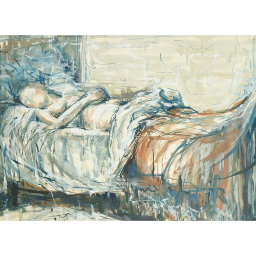 135 - Elizabeth Hadden-Cave (20th Century) A reclining female nude in bed, watercolour, signed and inscrip... 