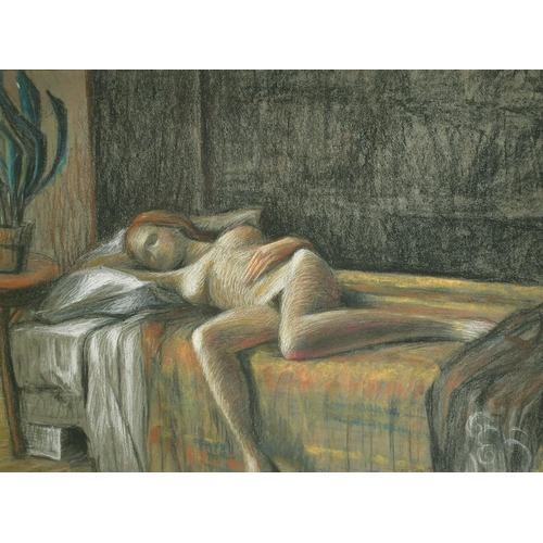 136 - Elizabeth Hadden-Cave (20th Century) A reclining female nude lying on top of a bed, pastel, signed, ... 