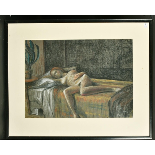 136 - Elizabeth Hadden-Cave (20th Century) A reclining female nude lying on top of a bed, pastel, signed, ... 