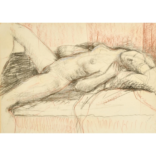 138 - Elizabeth Hadden-Cave (20th Century) A nude figure lying on a bed, charcoal, 20.5