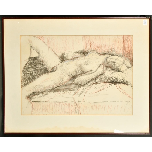 138 - Elizabeth Hadden-Cave (20th Century) A nude figure lying on a bed, charcoal, 20.5