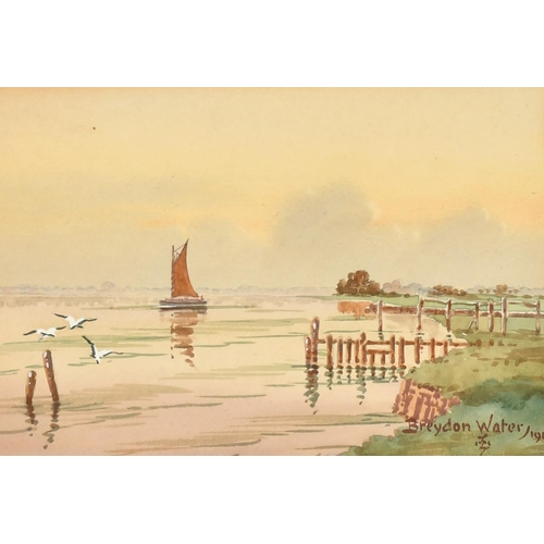 141 - A pair of watercolours, sailing boats at Lowestoft and Breydon Water, both inscribed and dated, 4.75... 