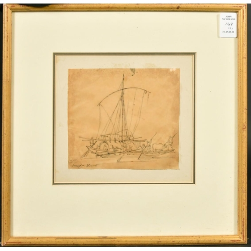 168 - Follower of George Chinnery, two studies of sailing boats, Dhows, pen and ink, one inscribed, Sungle... 