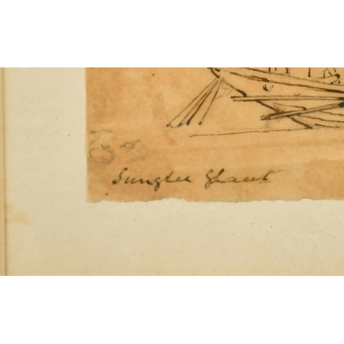 168 - Follower of George Chinnery, two studies of sailing boats, Dhows, pen and ink, one inscribed, Sungle... 