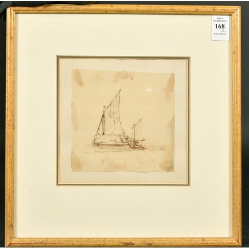 168 - Follower of George Chinnery, two studies of sailing boats, Dhows, pen and ink, one inscribed, Sungle... 