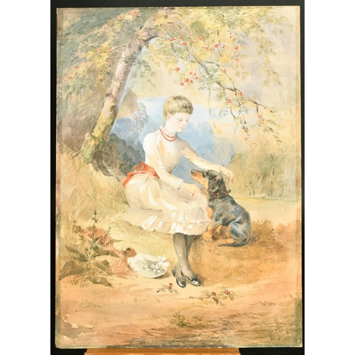 170 - English School (Late 19th Century) A young girl seated beneath a tree with her dog, watercolour with... 