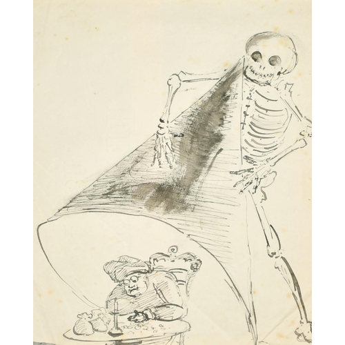 190 - Circle of Thomas Rowlandson, A skeleton and a miser, pen and ink drawing, 8.75