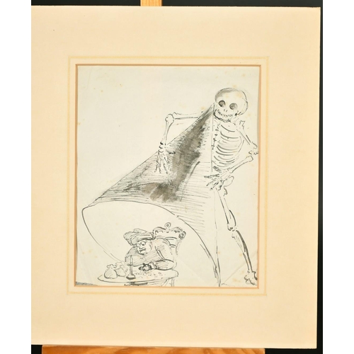 190 - Circle of Thomas Rowlandson, A skeleton and a miser, pen and ink drawing, 8.75