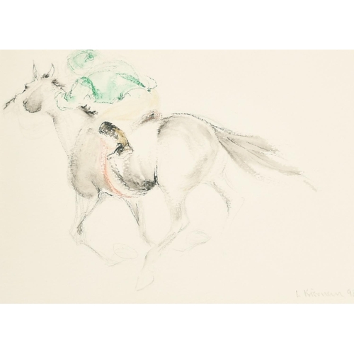 191 - Lydia Kiernan (20th Century) A racehorse and jockey at full gallop, watercolour, signed and dated '9... 