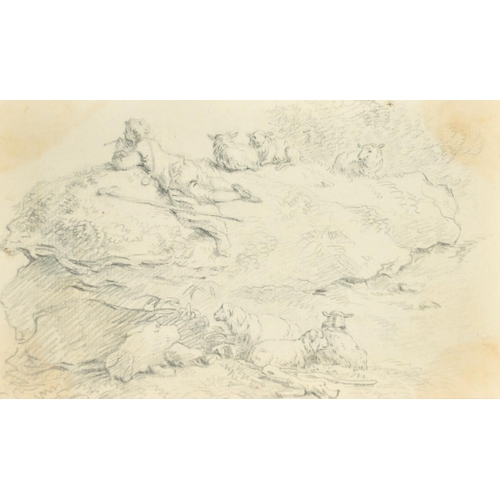 192 - Circle of J.B. Pillement, A shepherd boy playing a pipe, his flock nearby, pencil drawing, 4.5